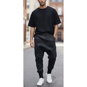 DEMOBAZA Fit Engine Black Coated Rib Biker Trousers Drop Crotch Joggers Mens S